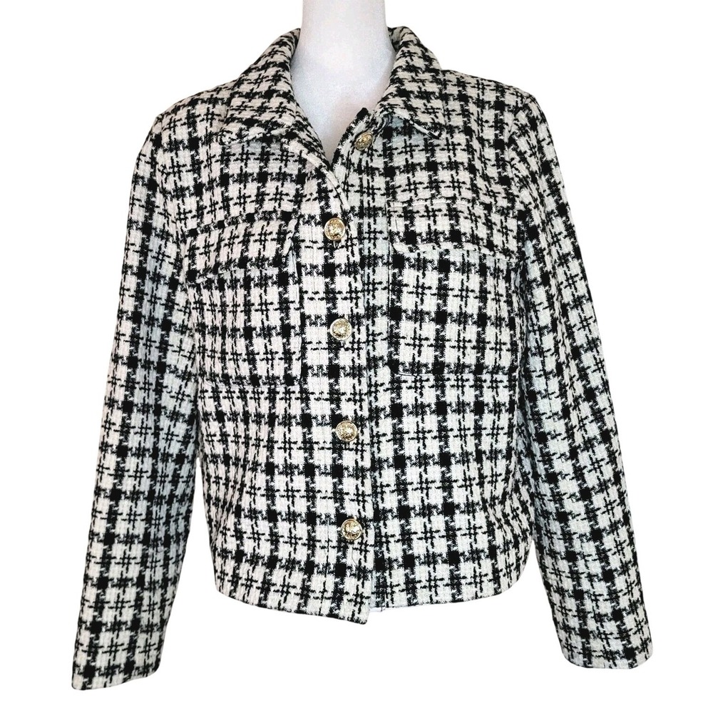 Rachel Zoe Women's Large‎ Black White Houndstooth Blazer Jacket Classic Chic